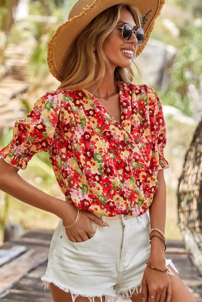 Red Floral Bubble Sleeve Pleated V Neck Wrap Blouse for Women - Love Salve